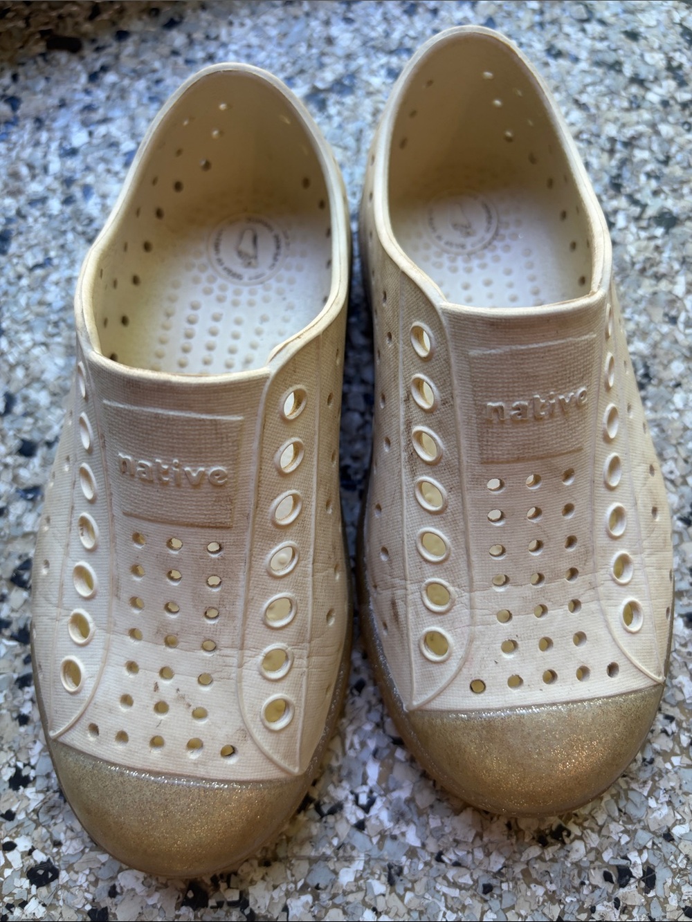 Native Little Kids Slip-On Shoes in Cream with Gold Toecaps size 10 toddler